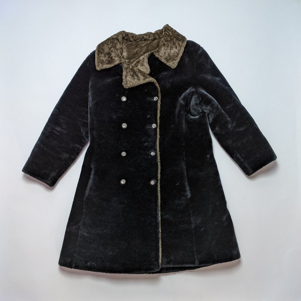 Vintage 60s 70s Faux Fur Double Breasted A-Line Coat Black Brown